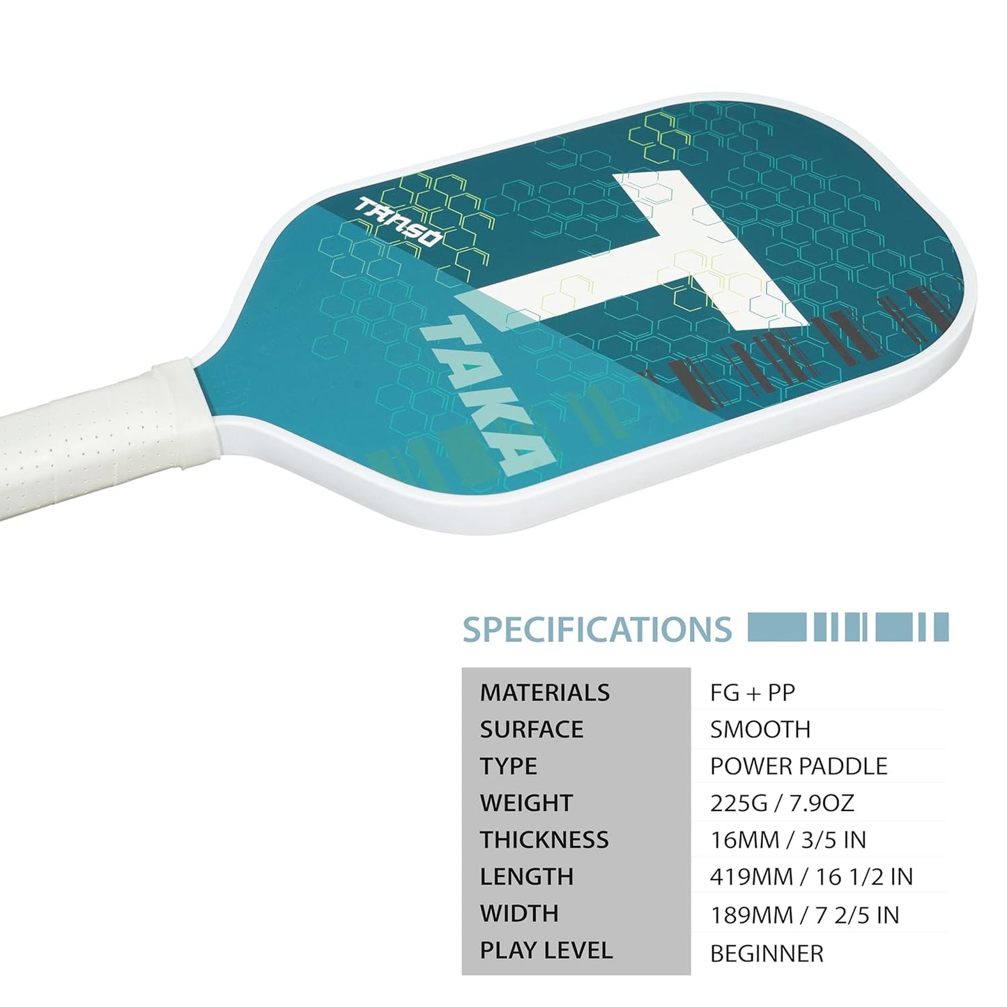 TANSO Taka Fiberglass Pickleball Paddle with Free Full Racquet Cover (225 Grams, Fiberglass Surface Pickleball Paddle with Polypropylene Honeycomb Core, Elongated 419mm for Maximum Power)