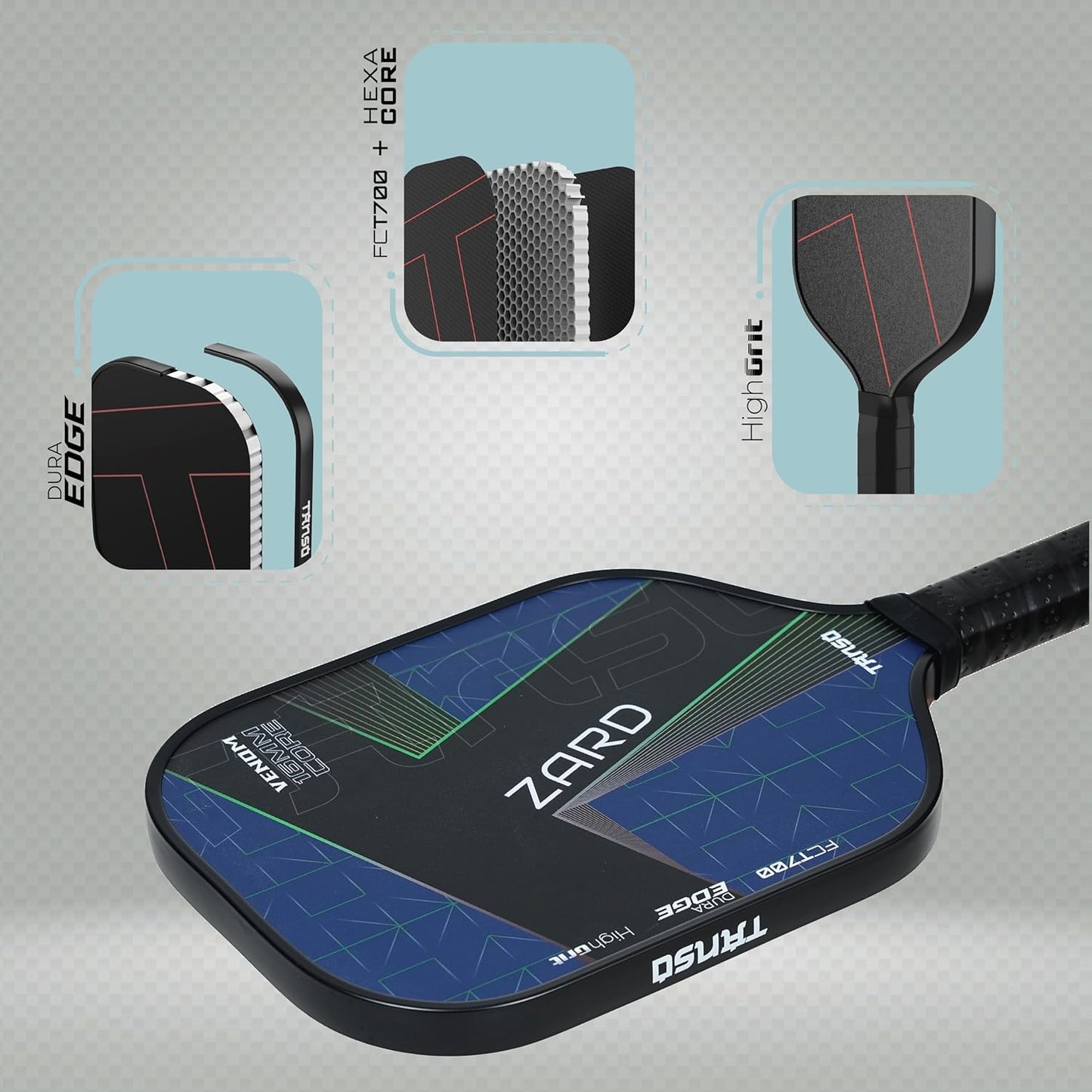 TANSO Zard Venom T700 Pickleball Paddle (Hight Grit Surface Carbon Fibre Pickleball Paddle, 16mm Thick Hexa Core, Wide Body 204mm for Maximum Control)