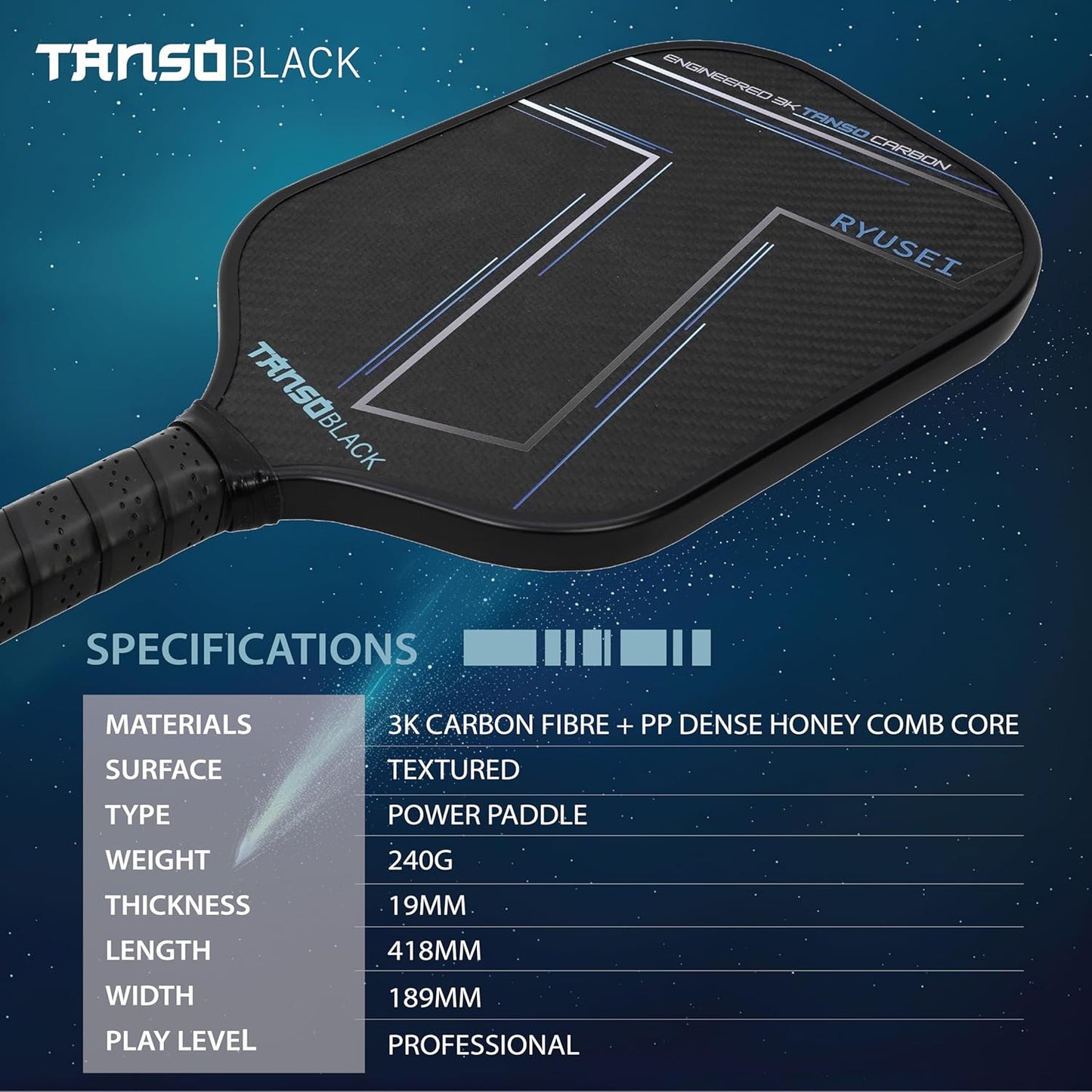 TANSO Black RYUSEI Engineered Carbon Fibre Pickleball Paddle - 240 Grams, 16mm Honeycomb Core for Professional Players