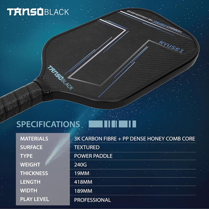 TANSO Black RYUSEI Engineered Carbon Fibre Pickleball Paddle - 240 Grams, 16mm Honeycomb Core for Professional Players