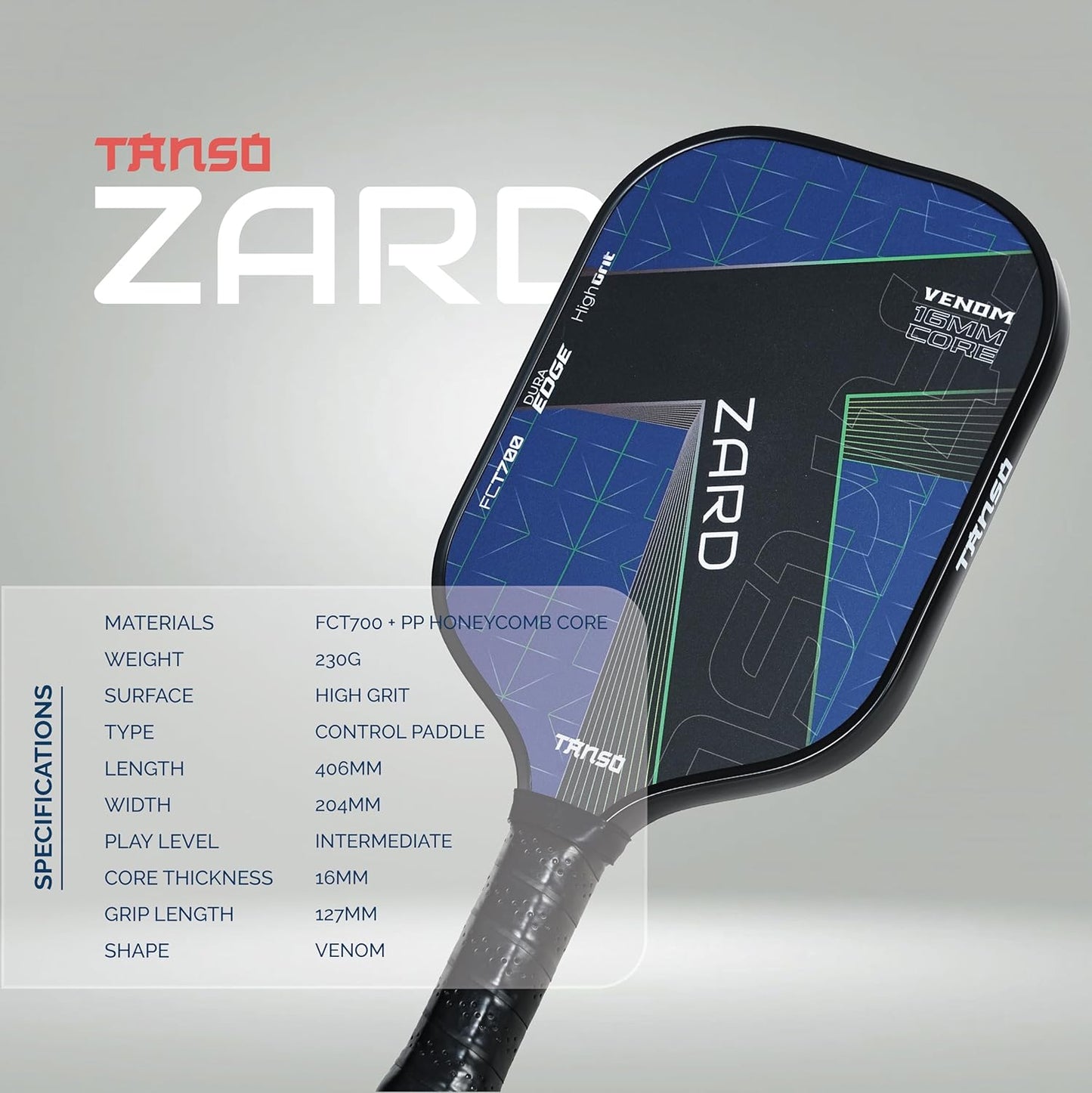 TANSO Zard Venom T700 Pickleball Paddle (Hight Grit Surface Carbon Fibre Pickleball Paddle, 16mm Thick Hexa Core, Wide Body 204mm for Maximum Control)