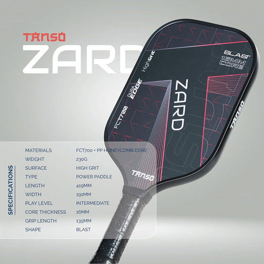 TANSO Zard Blast T700 Pickleball Paddle (Hight Grit Surface Carbon Fibre Pickleball Paddle, 16mm Thick Hexa Core, Elongated 419mm for Maximum Power)