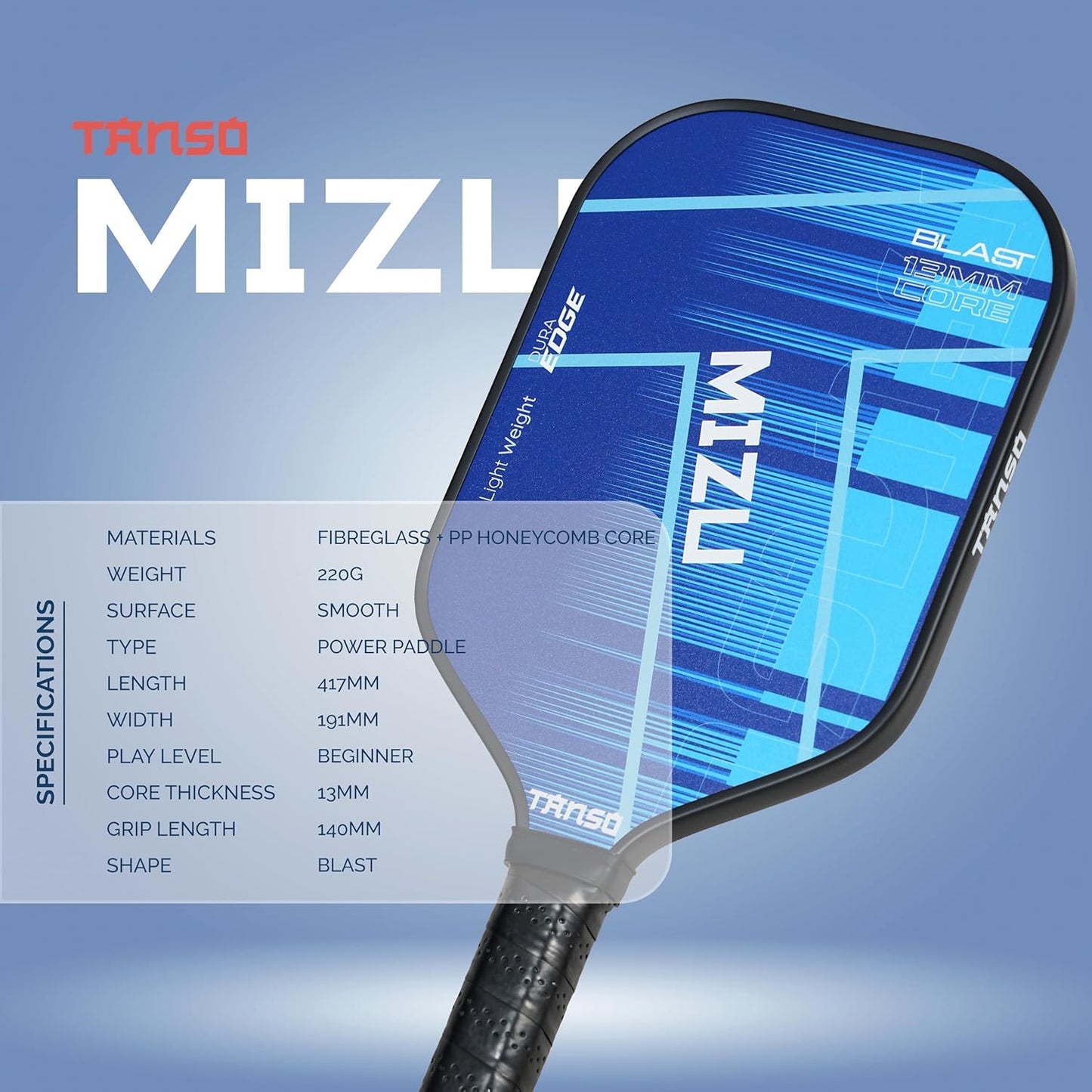 TANSO Mizu Fiberglass Pickleball Paddle (220 Grams Paddle, Light Weight + Hexa Core, Elongated 417mm for Powerful Performance)