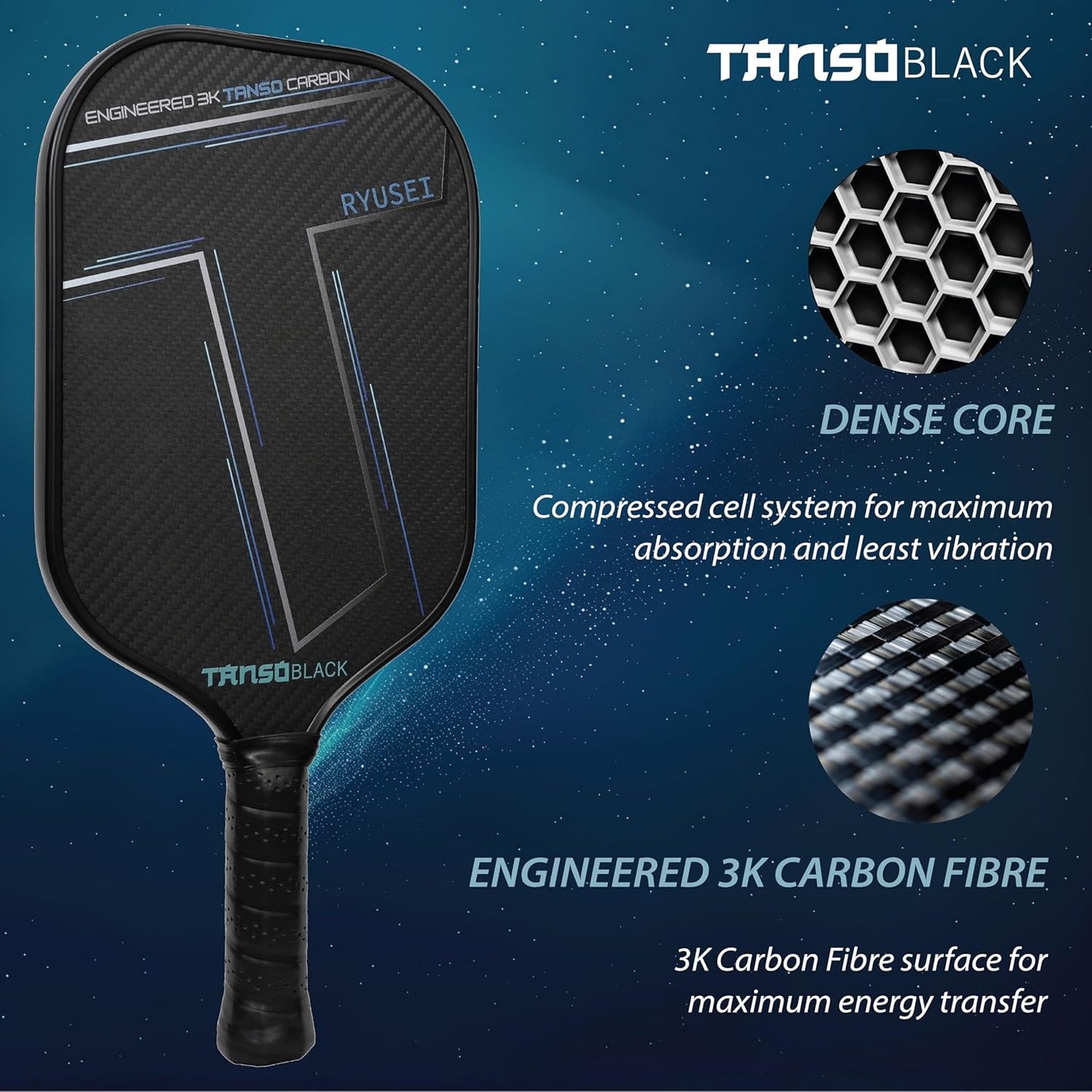 TANSO Black RYUSEI Engineered Carbon Fibre Pickleball Paddle - 240 Grams, 16mm Honeycomb Core for Professional Players