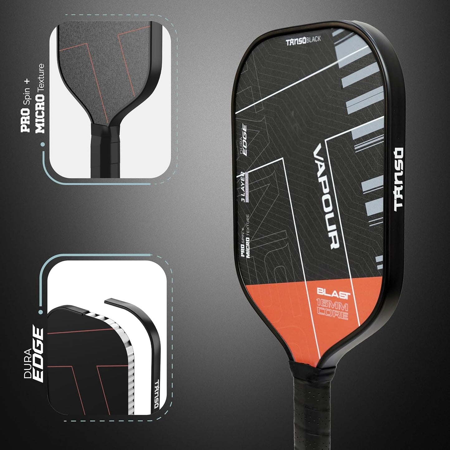 TANSO Black Vapour Gen IV Professional Pickleball Paddle | 3 Layer Infused Foam Core | Micro-Textured Pro Spin Surface | Power Performance Paddle