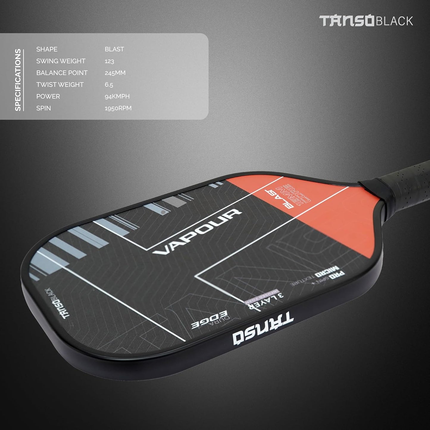 TANSO Black Vapour Gen IV Professional Pickleball Paddle | 3 Layer Infused Foam Core | Micro-Textured Pro Spin Surface | Power Performance Paddle