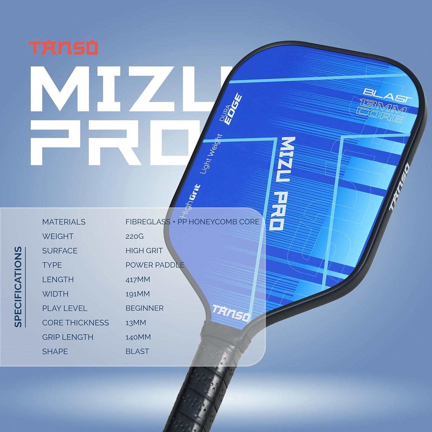 TANSO Mizu Pro Fiberglass Pickleball Paddle (Hight Grit Surface Pickleball Paddle, Light Weight + Hexa Core, Elongated 417mm for Powerful Performance)