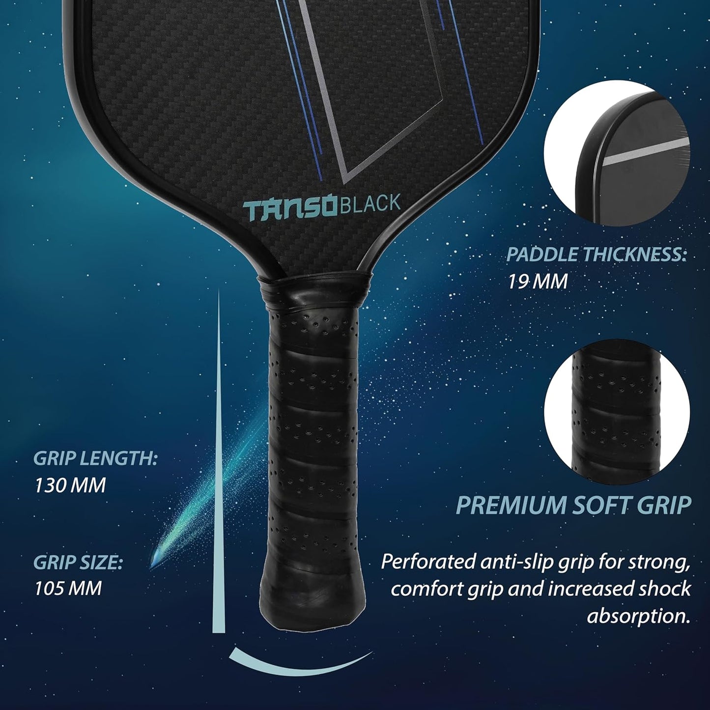TANSO Black RYUSEI Engineered Carbon Fibre Pickleball Paddle - 240 Grams, 16mm Honeycomb Core for Professional Players