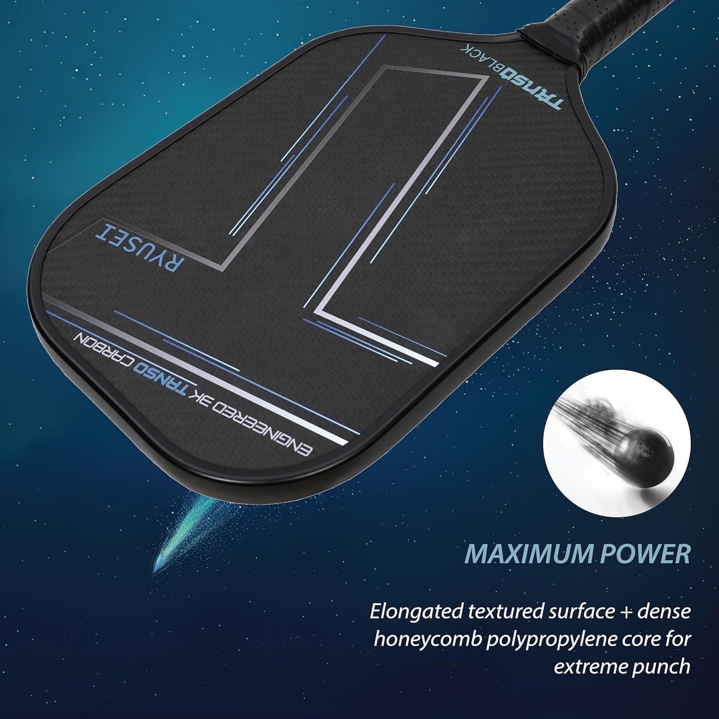 TANSO Black RYUSEI Engineered Carbon Fibre Pickleball Paddle - 240 Grams, 16mm Honeycomb Core for Professional Players
