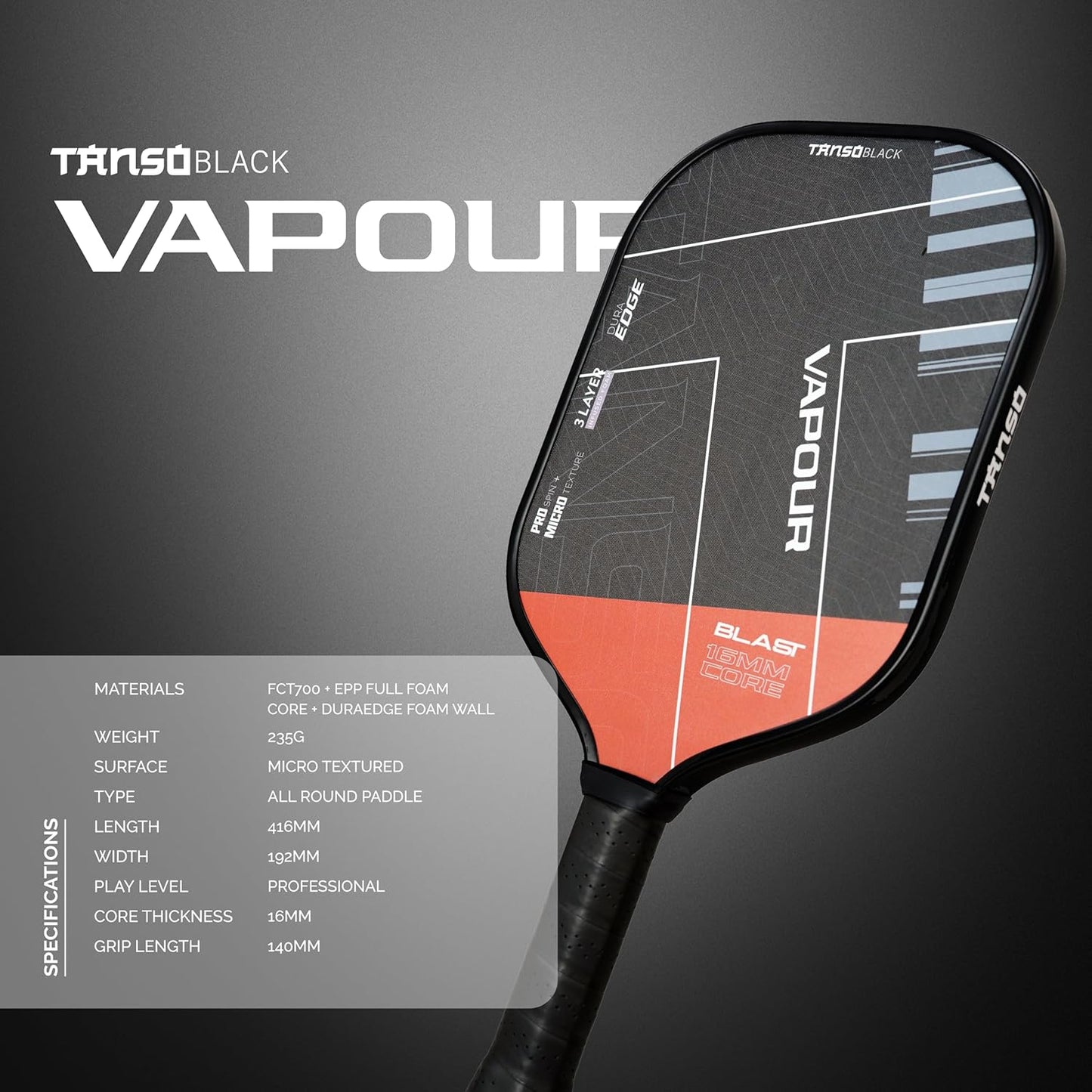 TANSO Black Vapour Gen IV Professional Pickleball Paddle | 3 Layer Infused Foam Core | Micro-Textured Pro Spin Surface | Power Performance Paddle